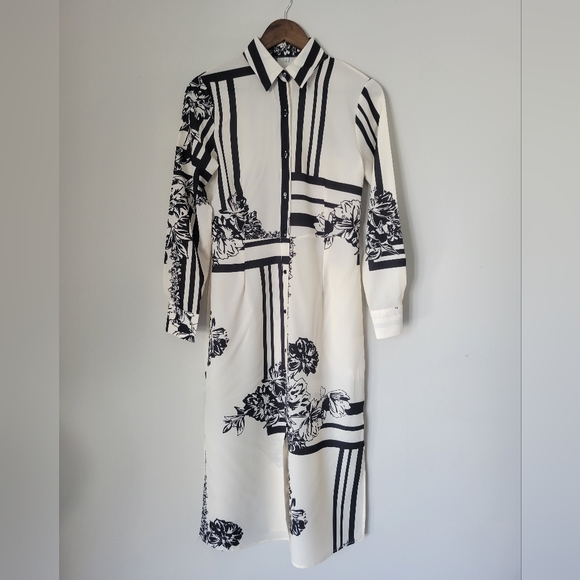 SOLD!!! Shein Black and Cream Stripe and Flower Patterned Midi Dress - Picture 3 of 9